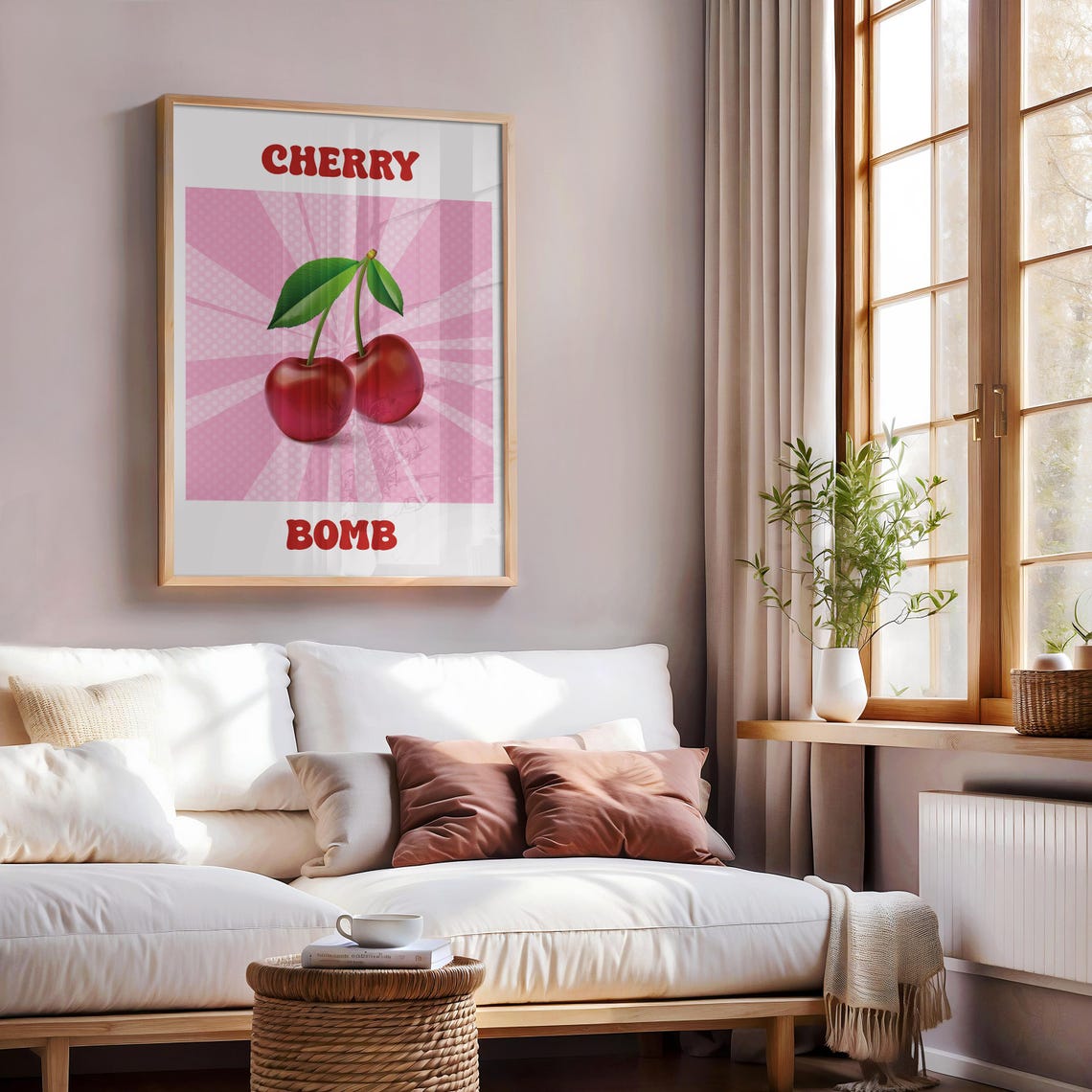 Cherry Bomb Retro Pop Art Cherries on Pink Sunburst Halftone Poster - Image 3