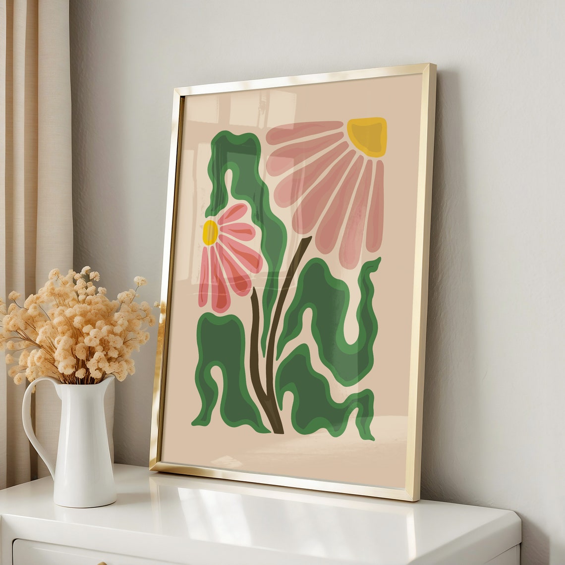 Matisse Inspired Pink Daisy Abstract Botanical Mid Century Poster