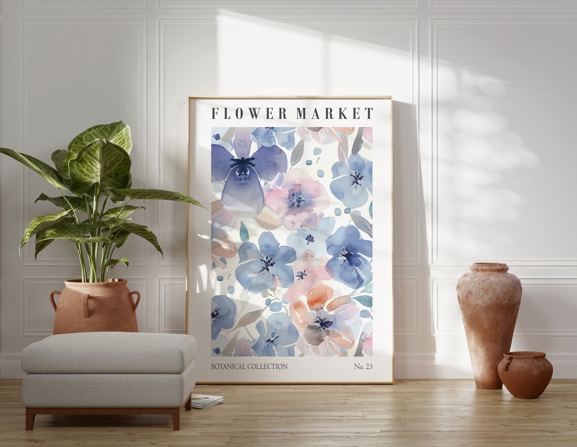 Flower Market Watercolor Blue Pink Blooms Botanical No 23 Poster - Image 2