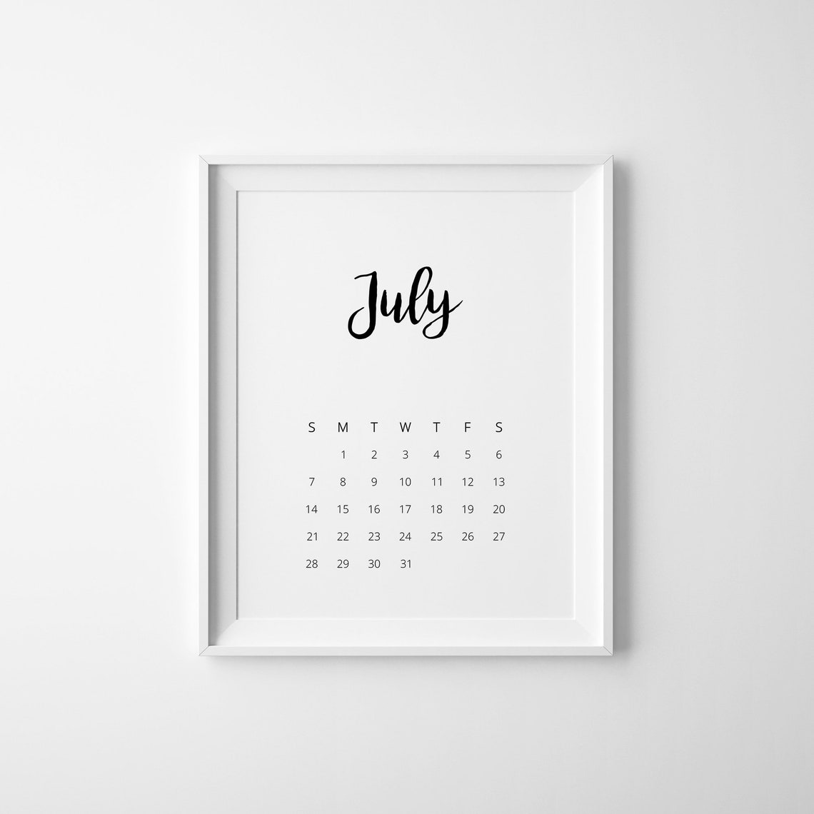 July Monthly Calendar Bold Script Minimalist Office Decor Poster