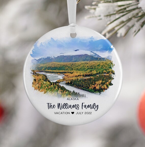 Alaska Watercolor River Valley Family Vacation Keepsake Ornament Print