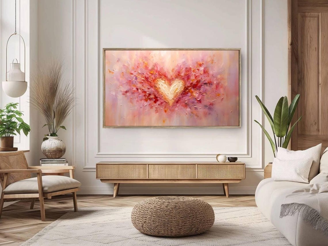 Romantic Pink Impasto Heart Abstract Painting Valentine Wall Art Print - Image 4