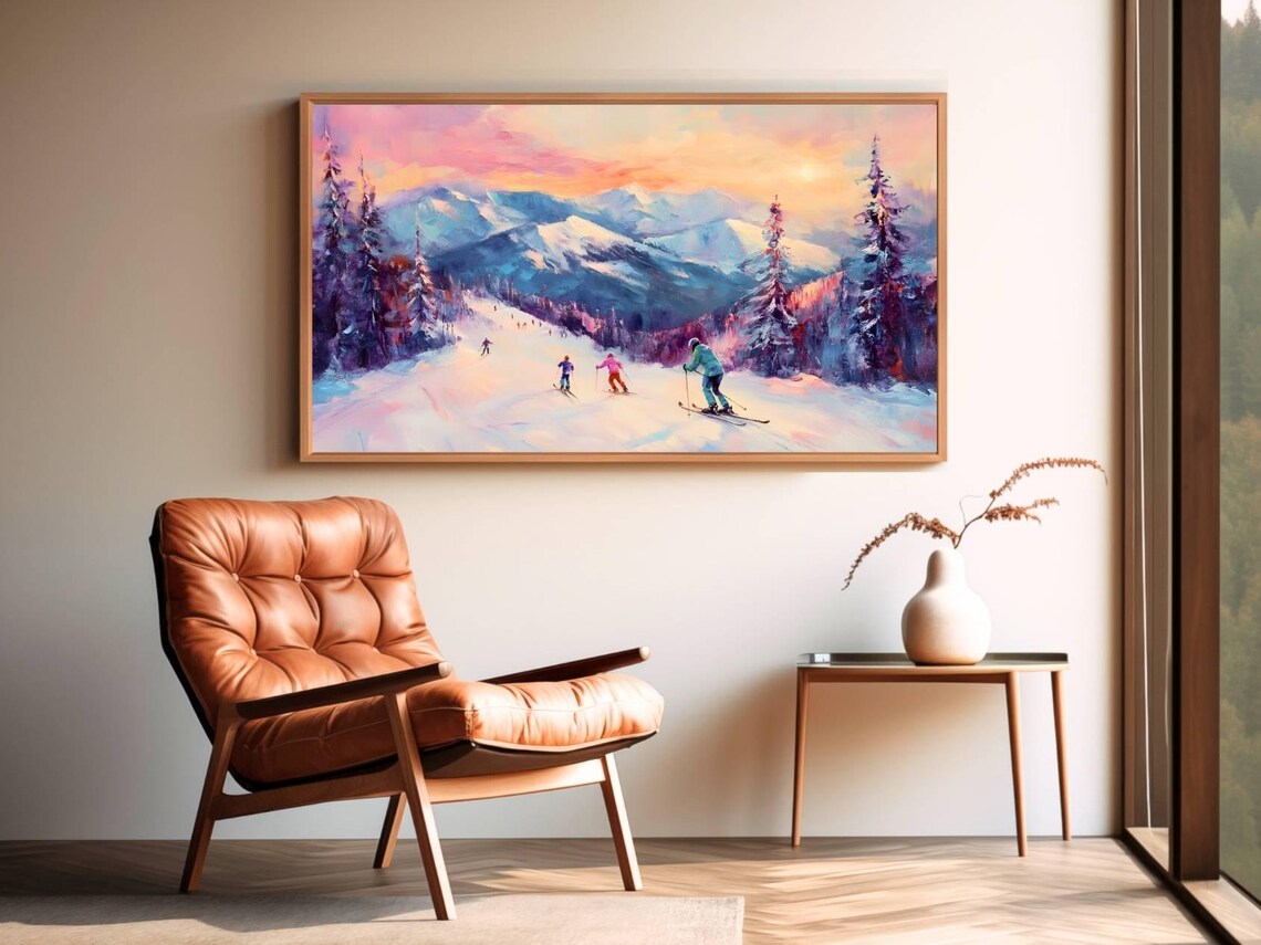 Colorful Skiers Snowy Mountain Sunset Slope Impressionist Winter Painting Art - Image 4