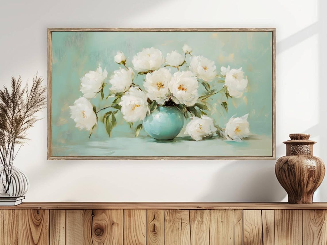 Elegant White Peonies Blue Vase Soft Pastel Floral Frame TV Art Print - Image 3