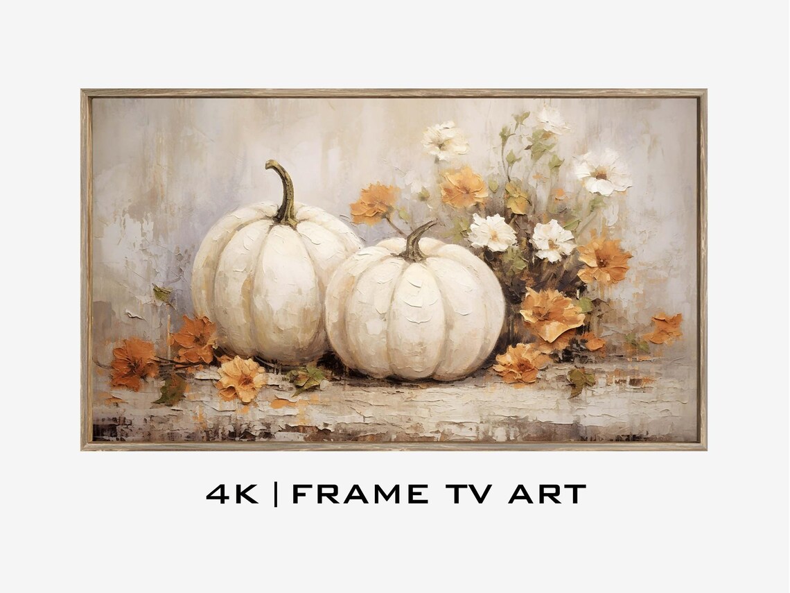 White Pumpkins Fall Wildflowers Vintage Textured Neutral Oil Painting Poster - Image 4
