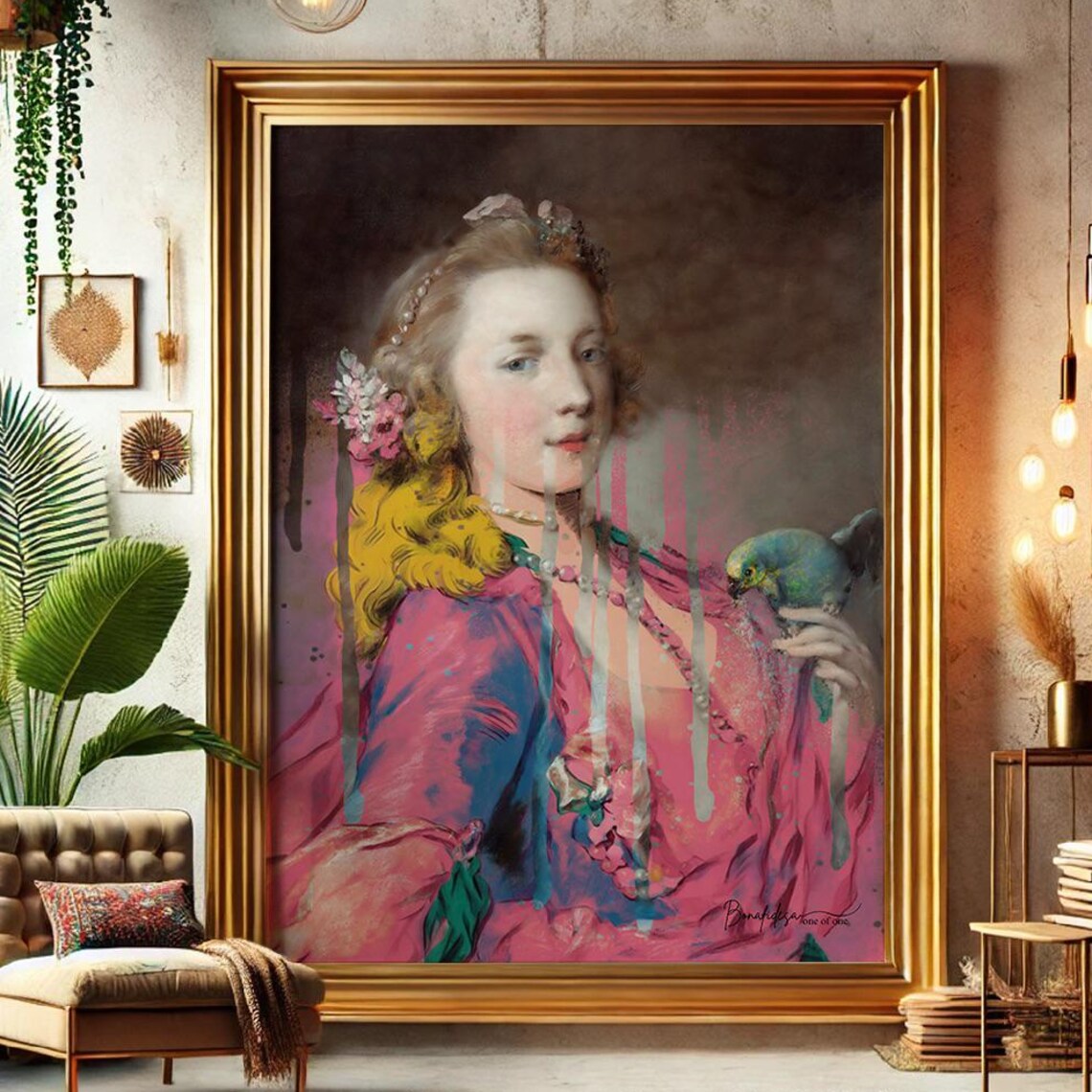 Baroque Woman with Parrot Altered Portrait Pink Gown Paint Drip Wall Art
