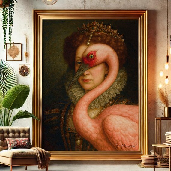 Surreal Flamingo Queen Altered Portrait Oil Painting Quirky Baroque Wall Art