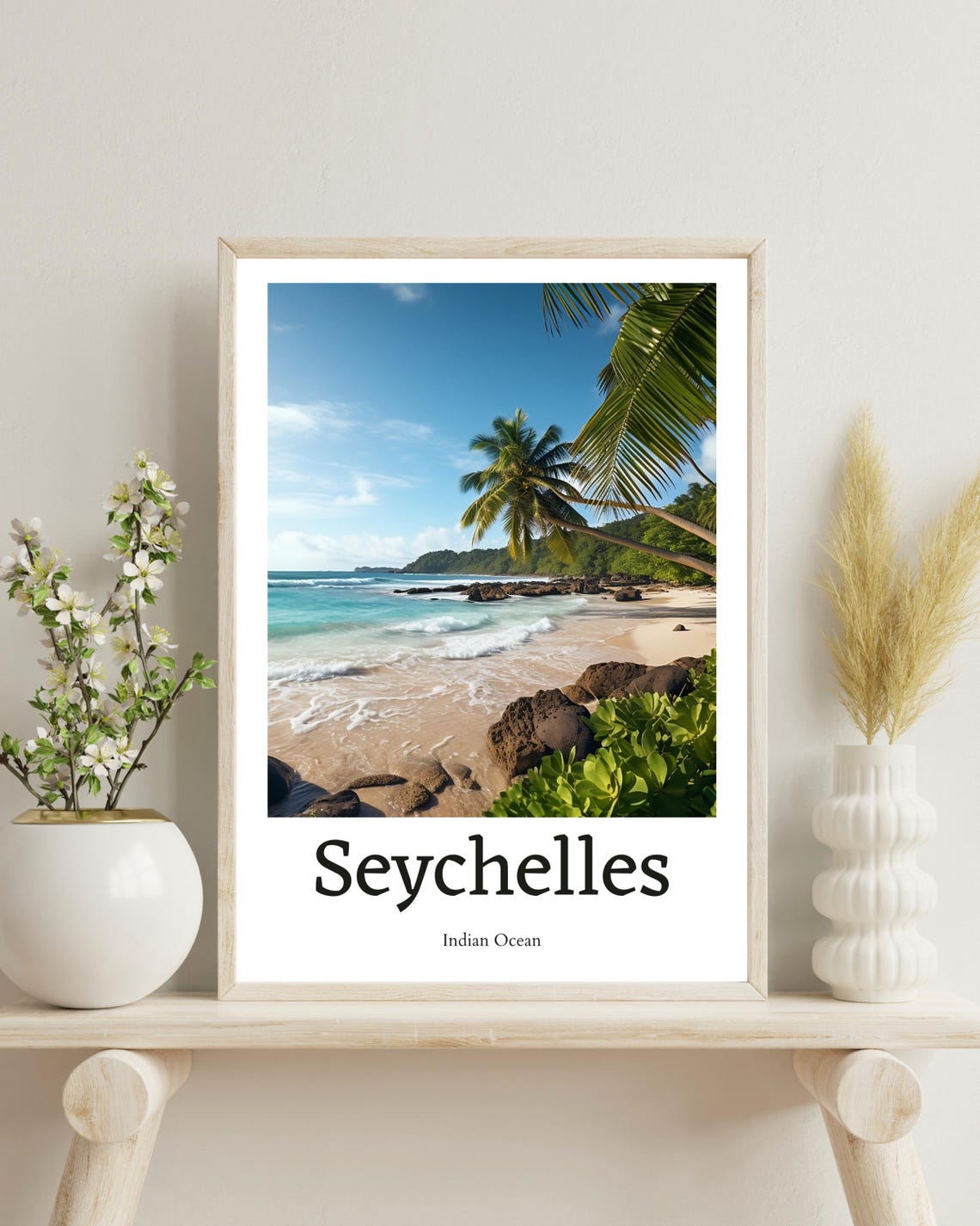 Seychelles Travel Poster, Tropical Beach Art Print