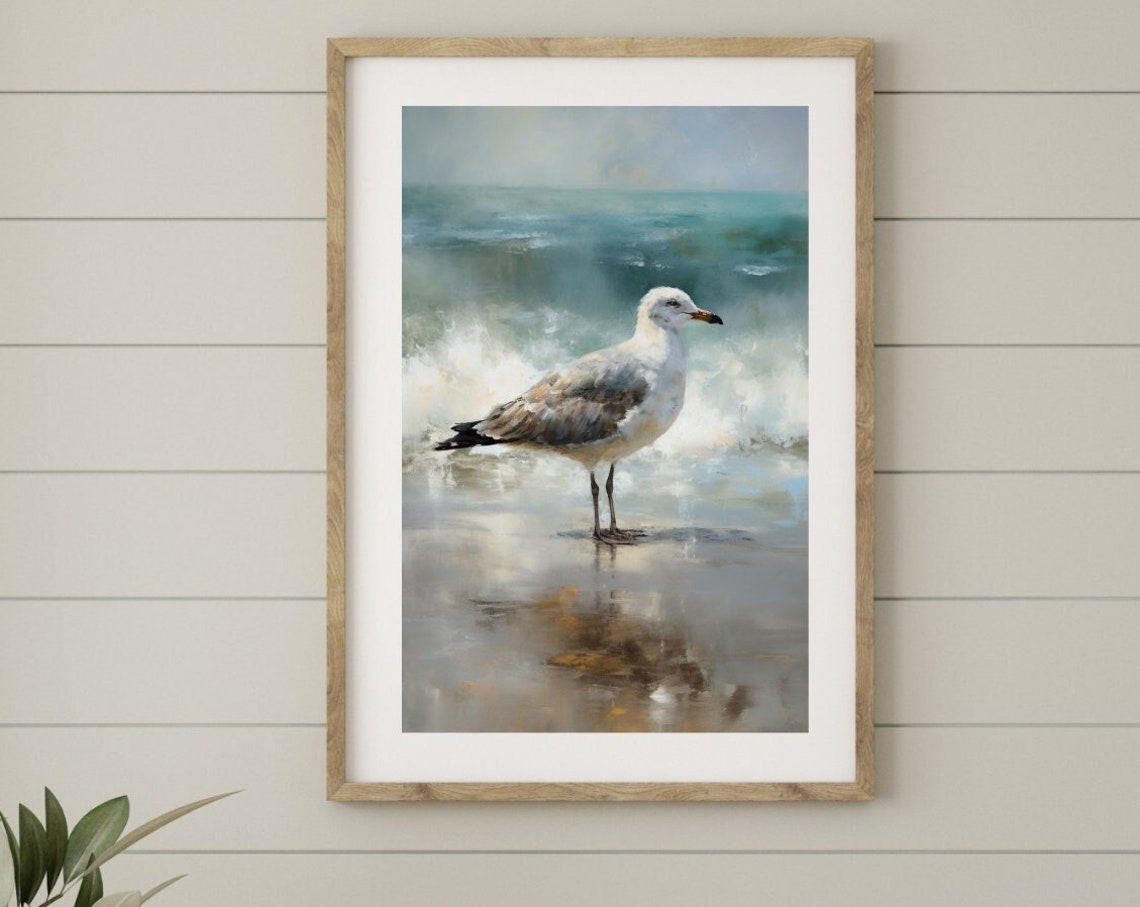 Seagull Standing In Ocean Surf Beach Waves Coastal Painting Poster - Image 4