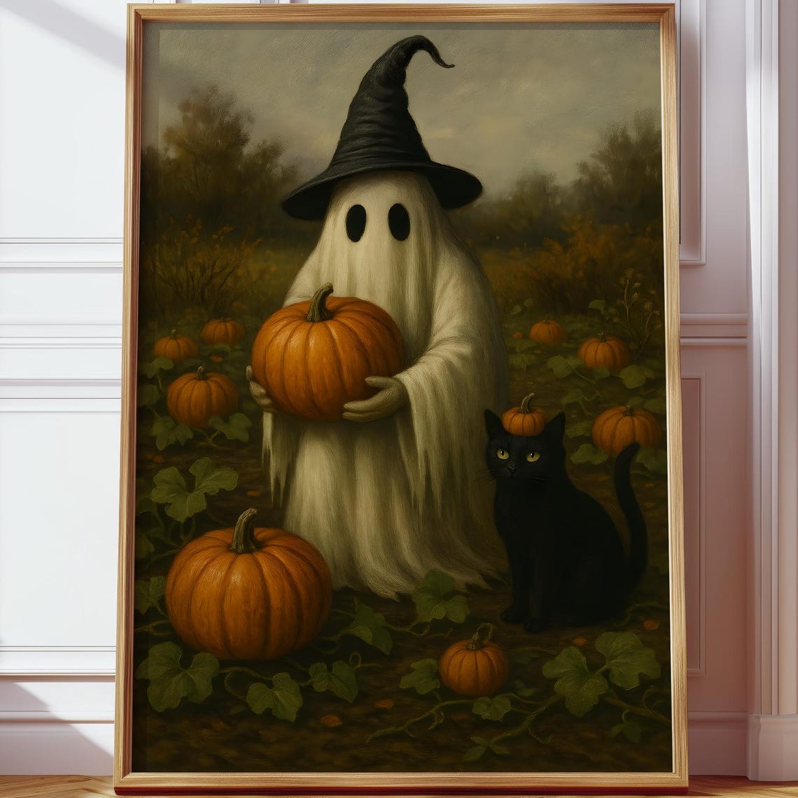 Cute Ghost Witch Hat Pumpkin Patch Black Cat Halloween Art Poster