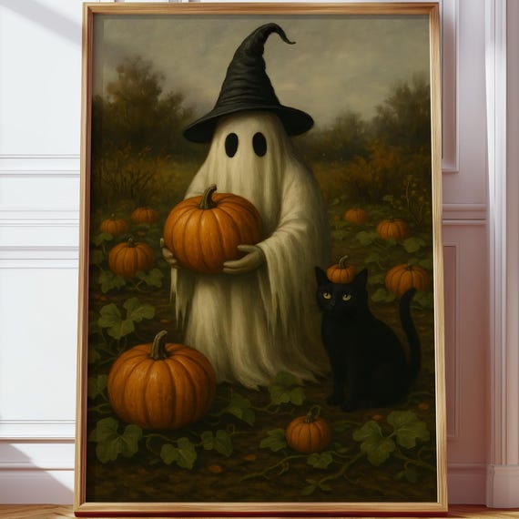 With Pumpkin Black Cat Wall Art Witch Hat Spooky Decor Haunted Print Halloween