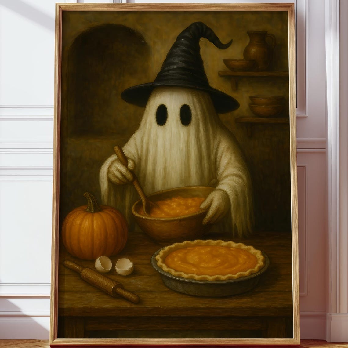 Cute Ghost In Witch Hat Baking Pumpkin Pie Halloween Wall Art