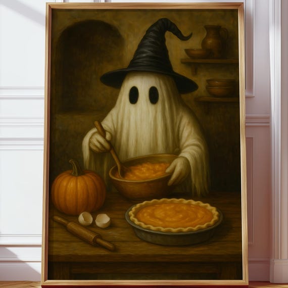 Baking Pumpkin Pie Halloween Wall Art Witch Hat Kitchen Decor Fall Artwork Autumn