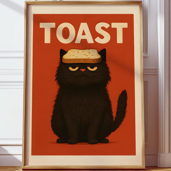 Black Cat Toast Funny Wall Art Kitchen Poster Retro Humor Decor Lover Print