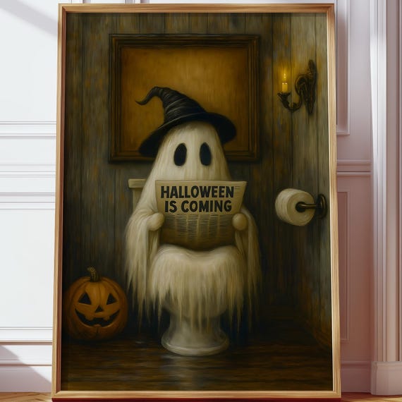 Halloween Funny Spooky Wall Art Is Coming Witch Hat Bathroom Decor Pumpkin Print