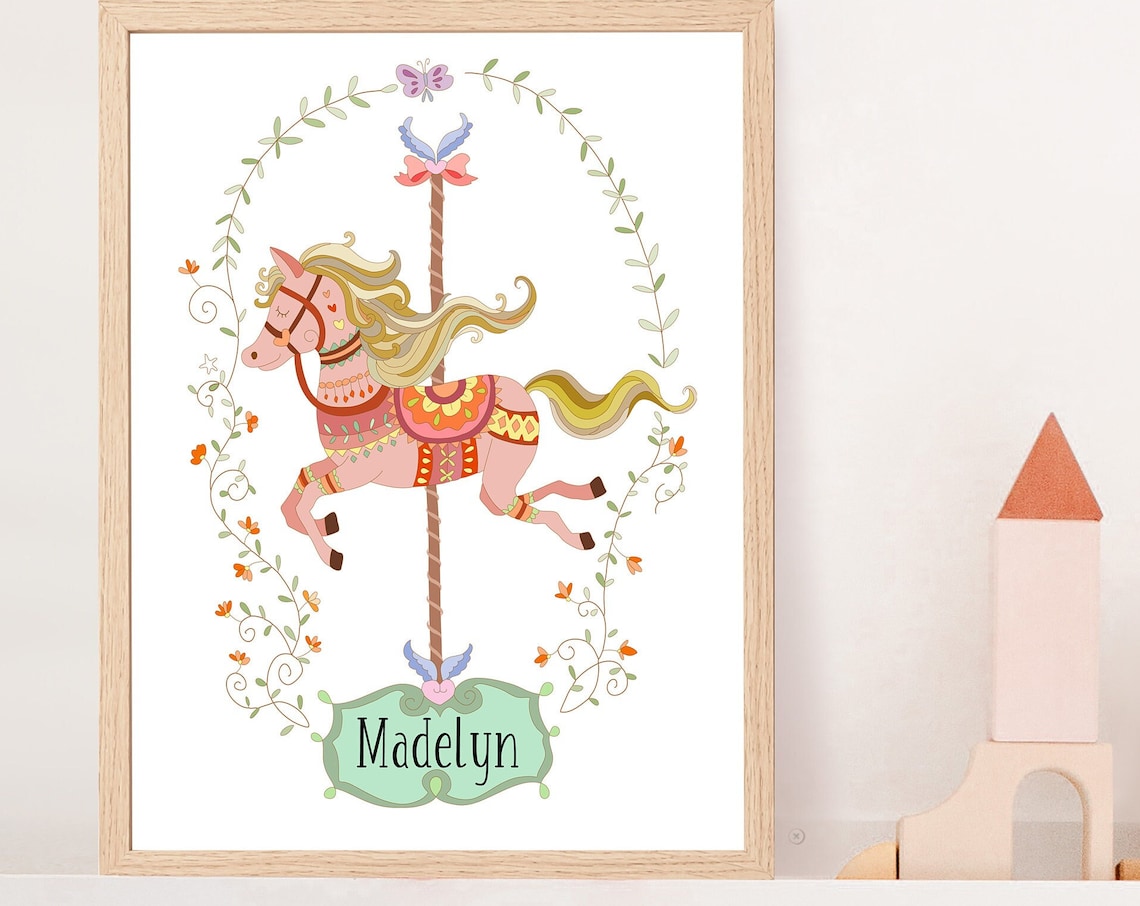 Personalized Carousel Horse Nursery Watercolor Name Sign Wall Art