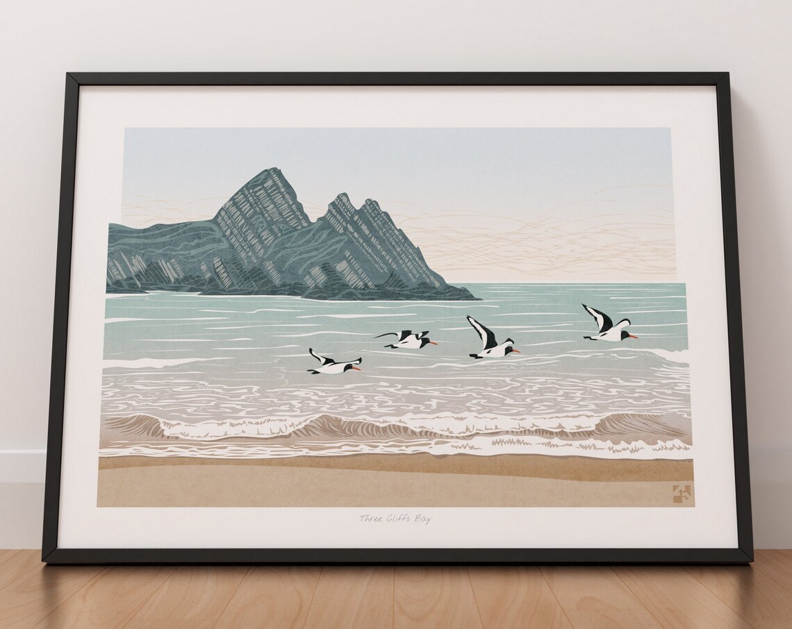 Oystercatchers at Three Cliffs Bay, Gower Travel Poster
