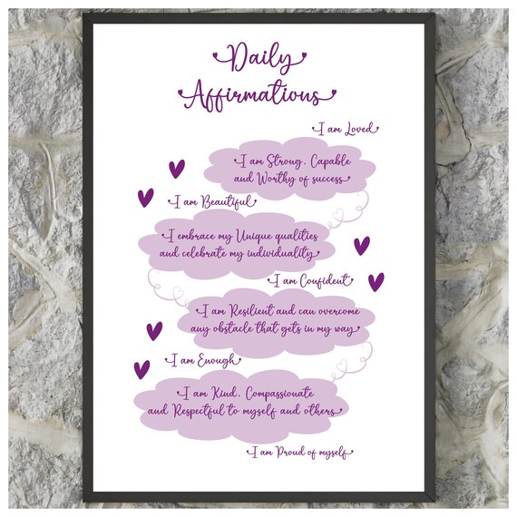 Daily Affirmations Purple Positive Self Love Quote Gift Wall Art