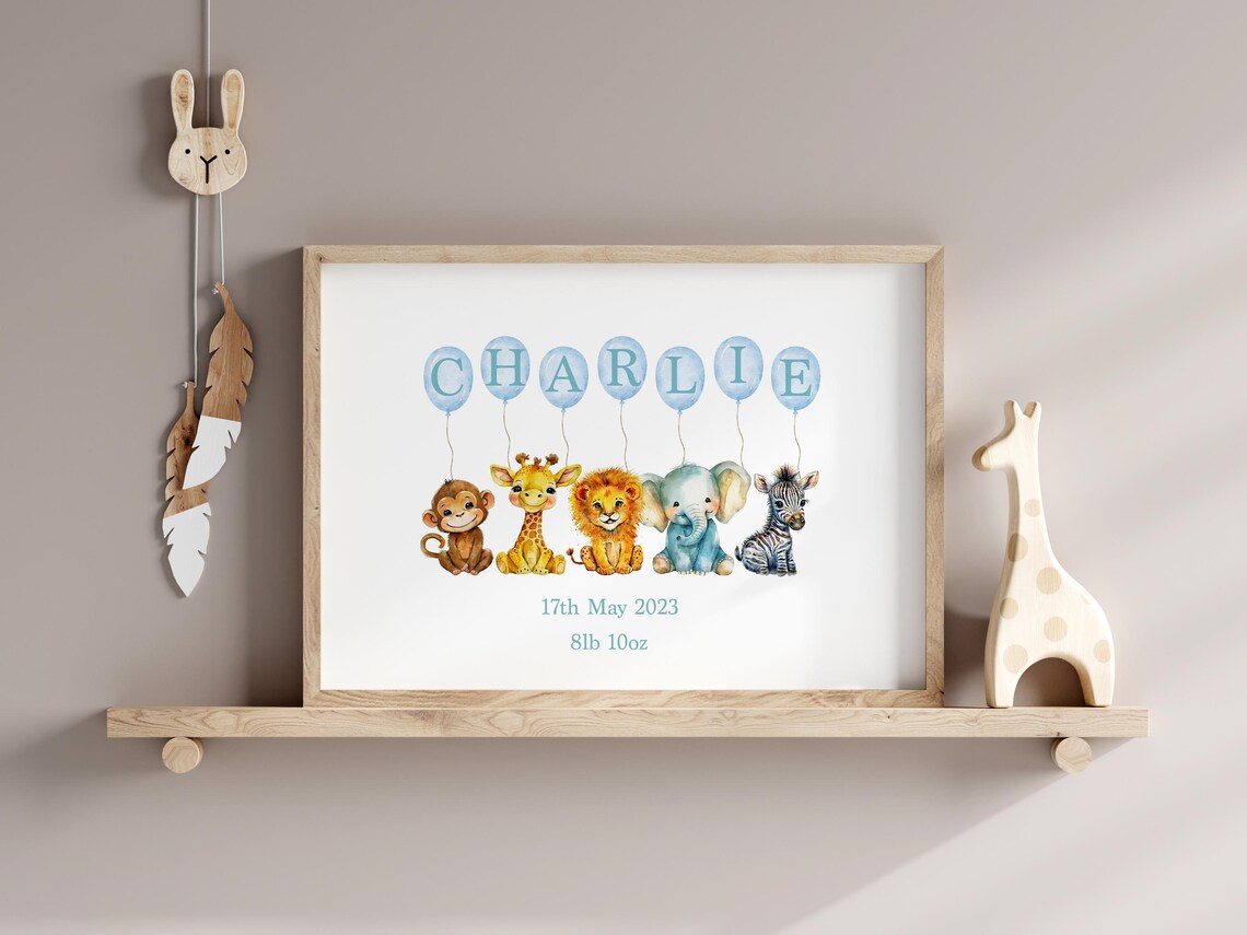Personalised Baby Safari Animal Balloon Nursery Art Print - Image 2