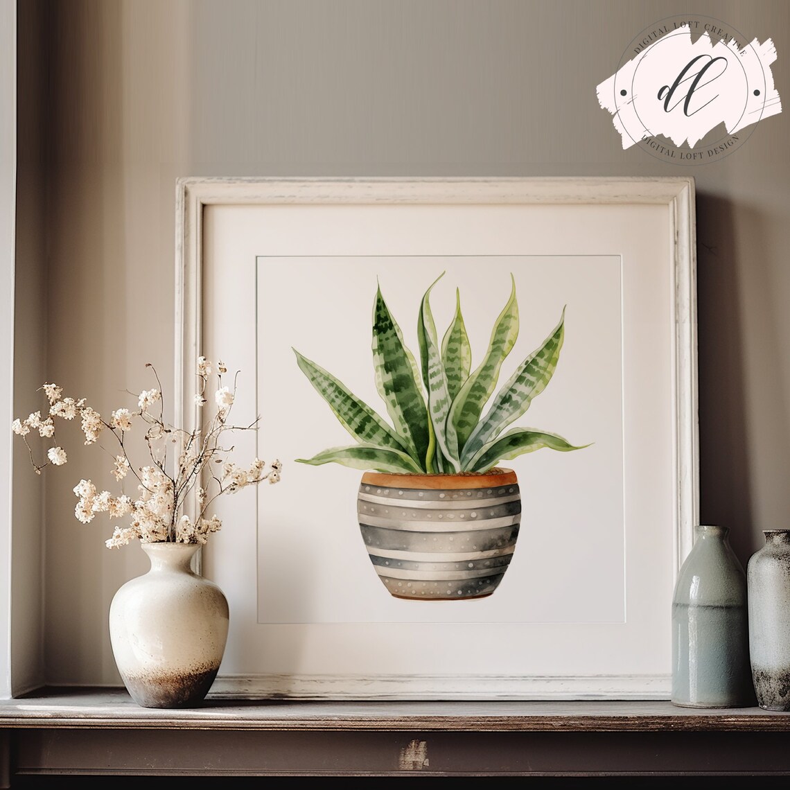 Watercolor Snake Plant in Striped Pot Modern Houseplant Poster Art