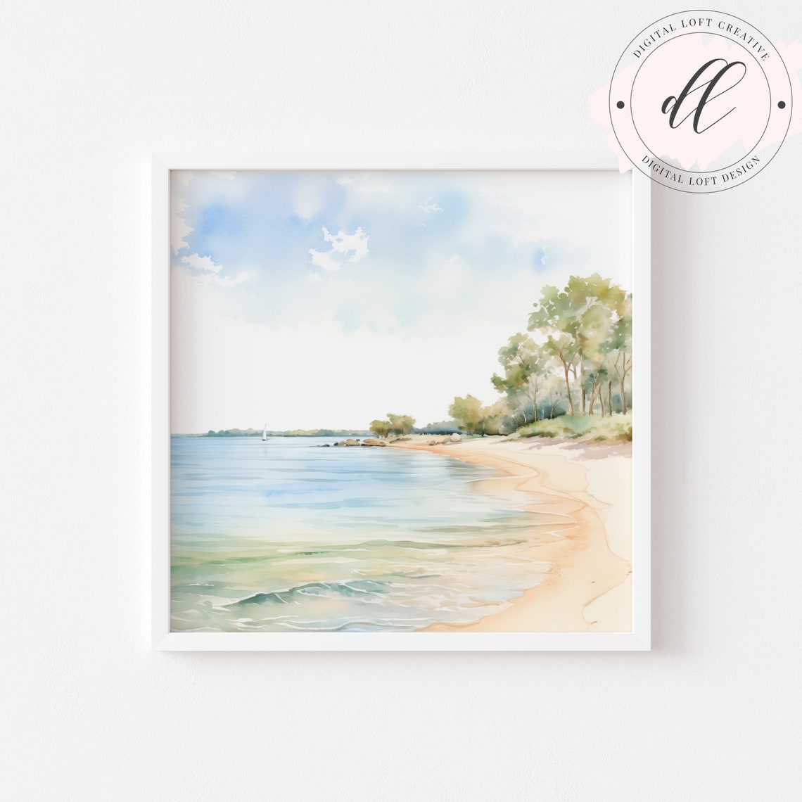 Watercolor Sandy Beach with Trees Sunny Coastal Scene Art Poster - Image 2