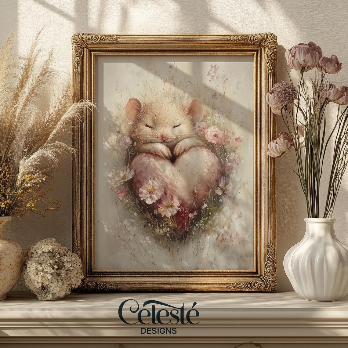 Sleeping Hamster on Pink Heart Nursery Poster with Soft Wildflowers