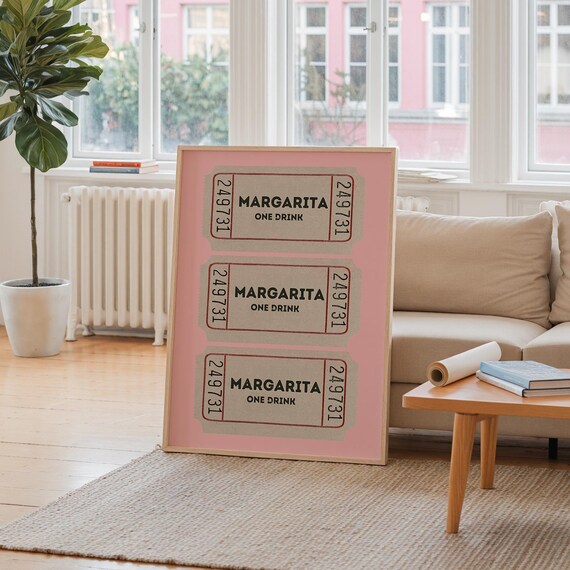 Margarita Ticket Stub Trio Pink Retro Cocktail Bar Cart Decor Wall Poster