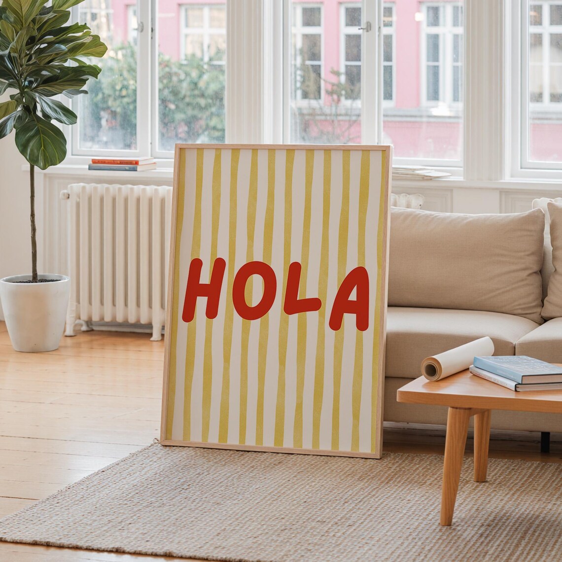 Hola Red Typography Yellow Striped Modern Spanish Greeting Print