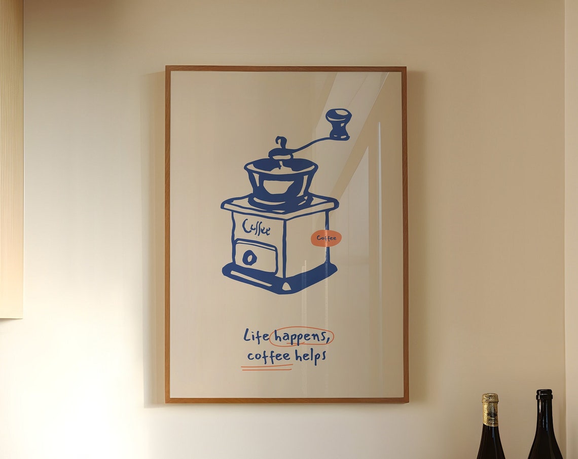 Vintage Blue Coffee Grinder Retro Kitchen Quote Art Wall Poster