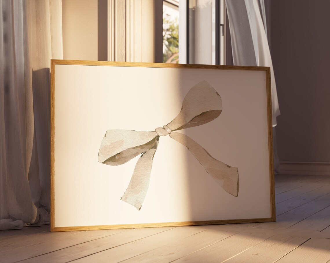 Beige Watercolor Ribbon Bow Minimalist Neutral Home Wall Art