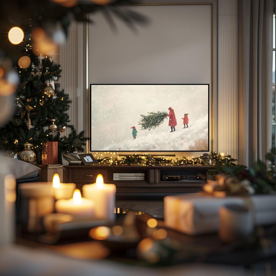 Family Bringing Home Christmas Tree Winter Snow Painting Poster - Image 3
