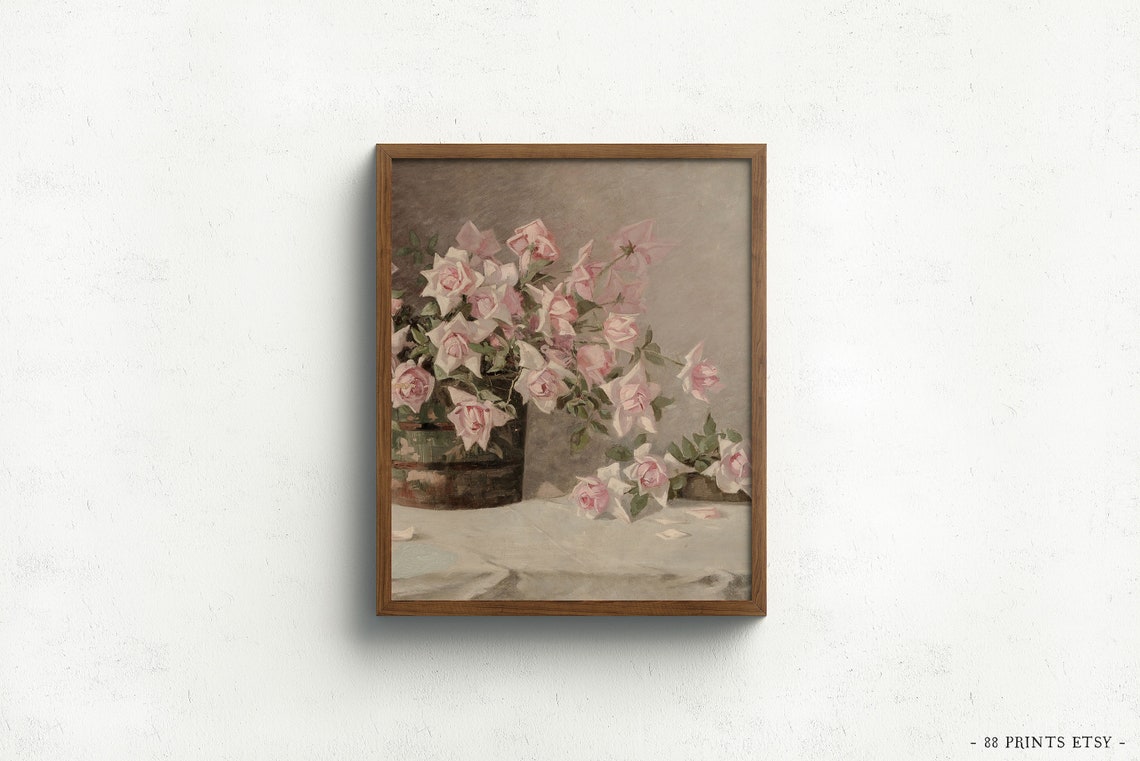 Vintage Victorian Pink Roses Still Life Floral Oil Painting Print - Image 3