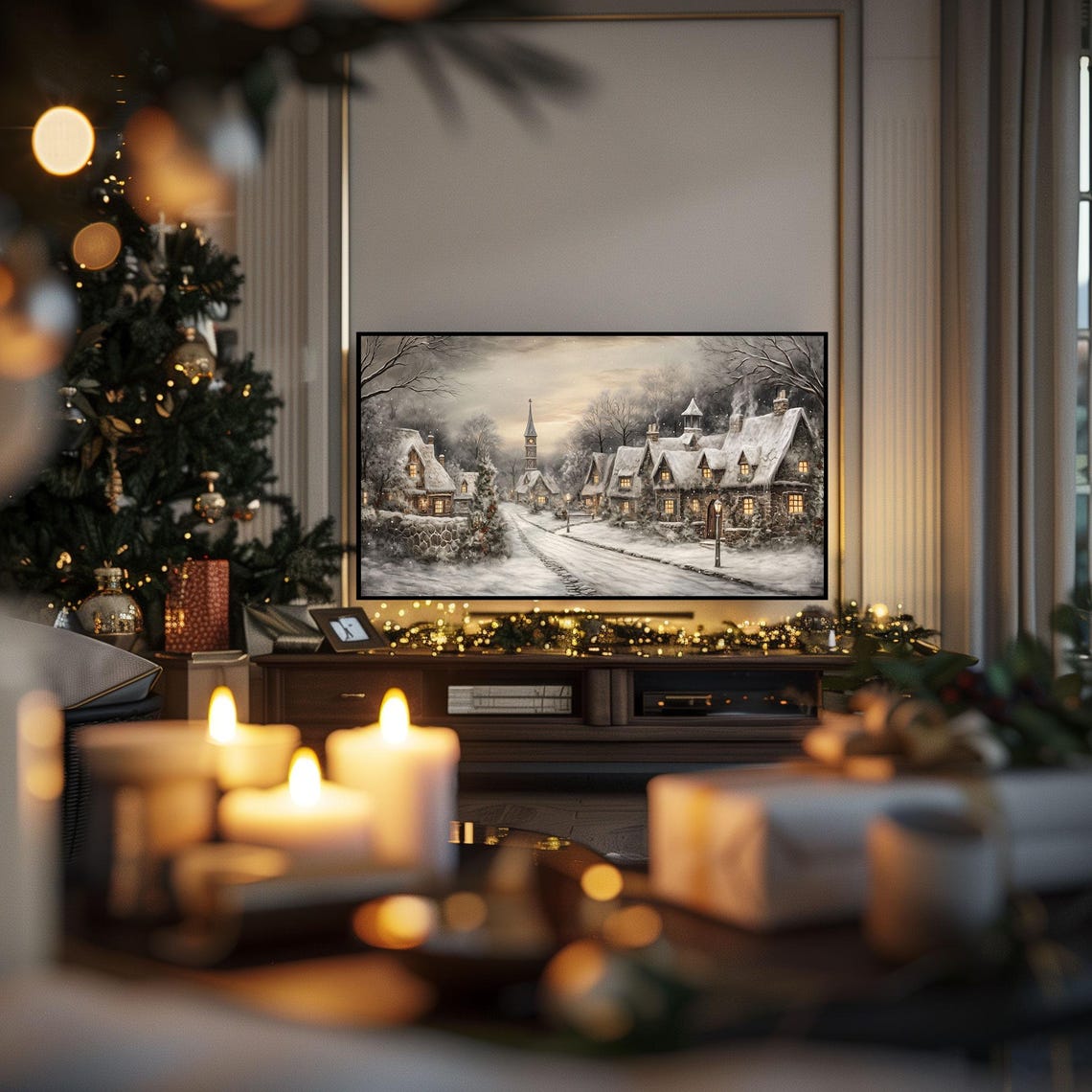 Cozy Snowy Stone Cottage Village Church Winter Night Scene Poster - Image 3