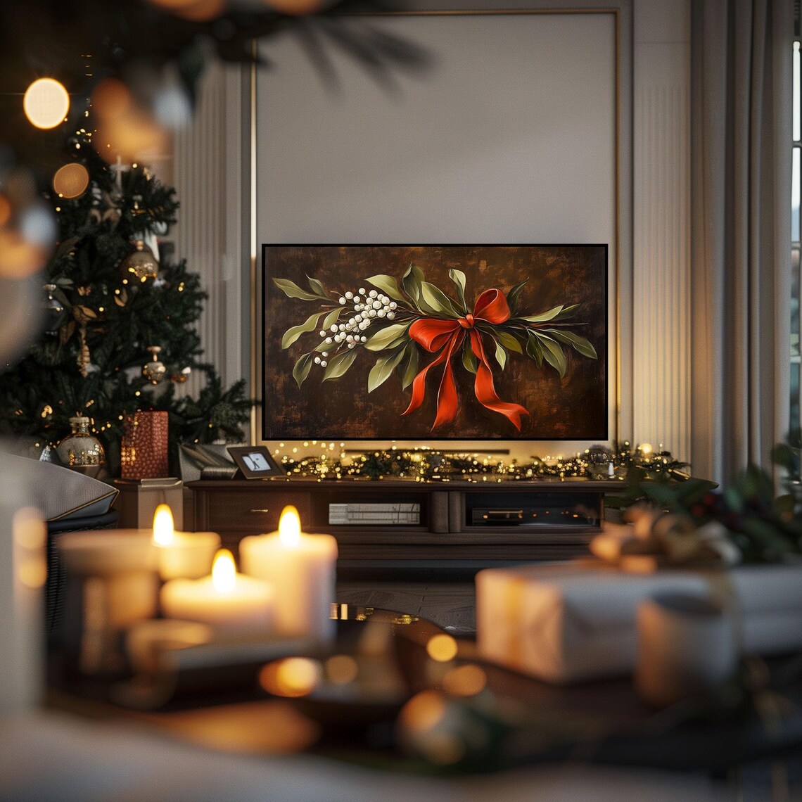 Christmas Mistletoe Red Bow Vintage Oil Painting Holiday Print Gift - Image 3