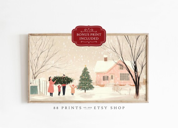 Winter Family Bringing Home Christmas Tree Frame Tv Holiday Poster