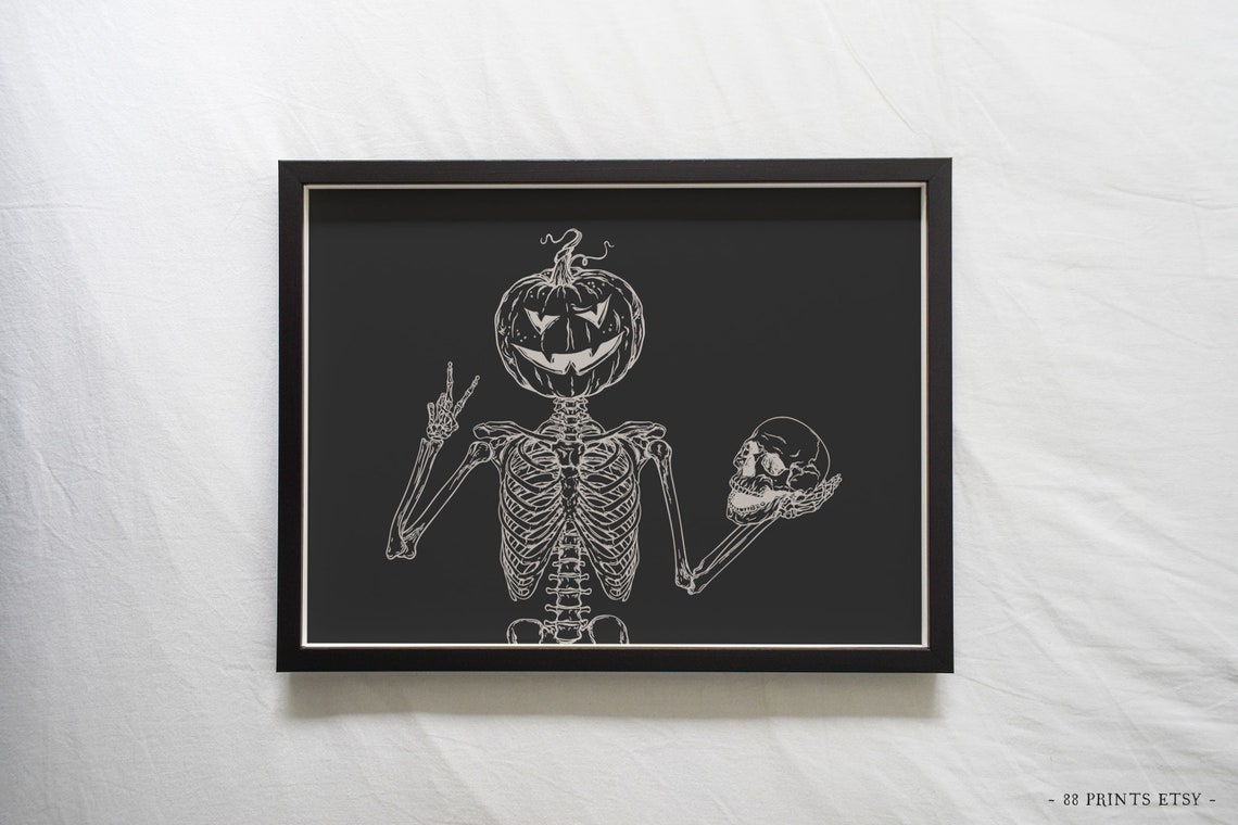 Pumpkin Head Skeleton Peace Sign Spooky Halloween Line Art Poster - Image 2