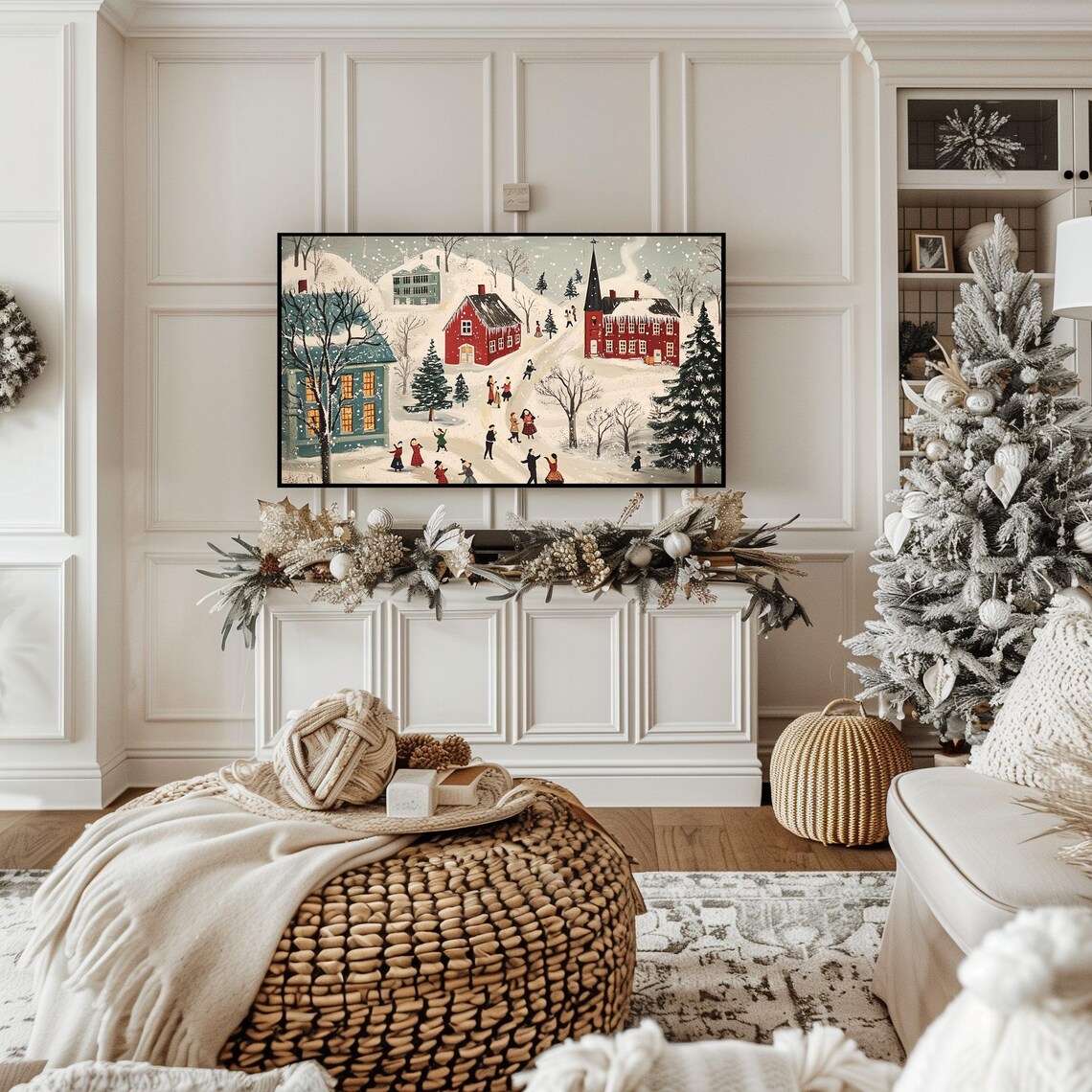 Nostalgic Winter Village Folk Art Snowy Church Villagers Poster - Image 2
