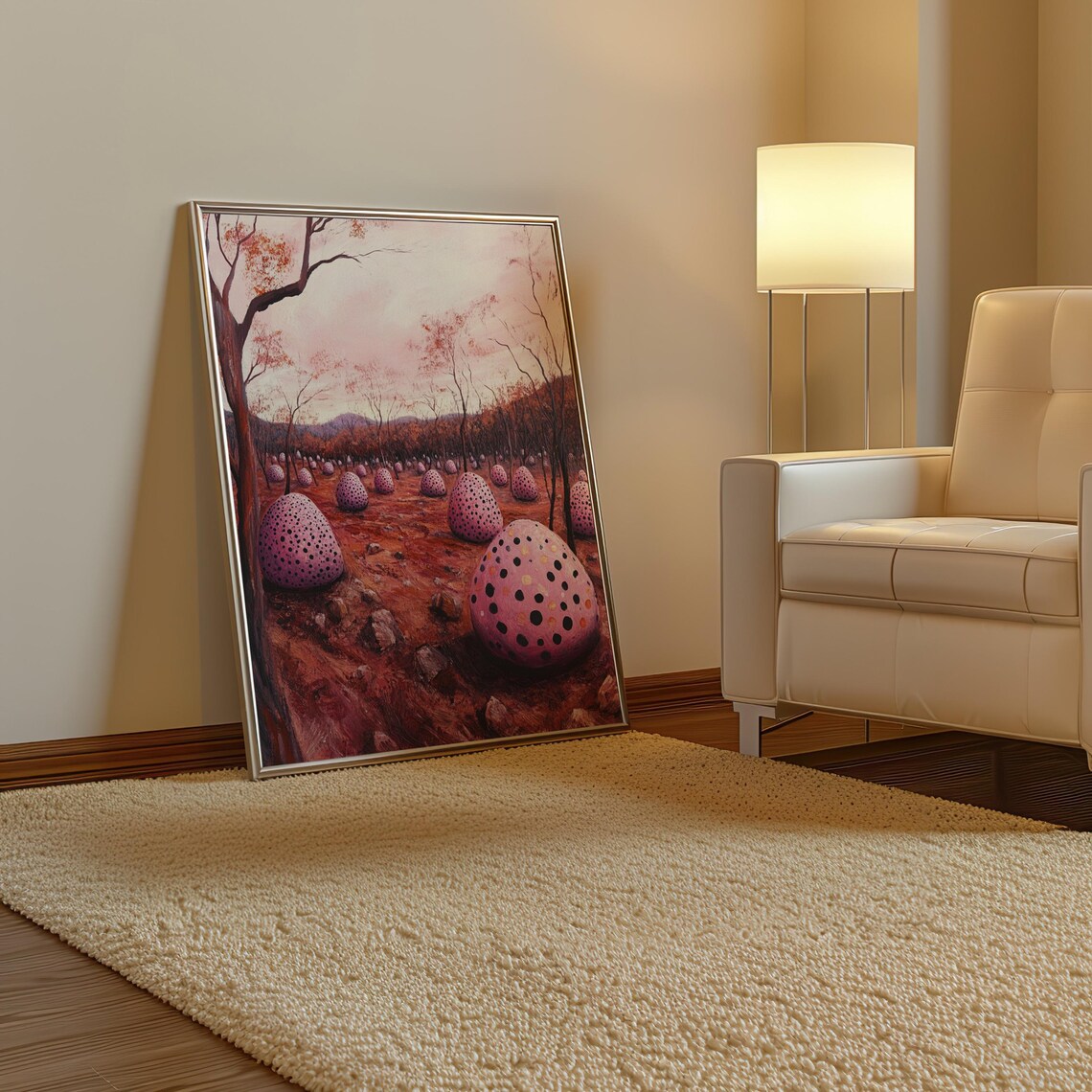 Surreal Red Field of Giant Pink Polka Dot Boulders at Dusk Poster - Image 3