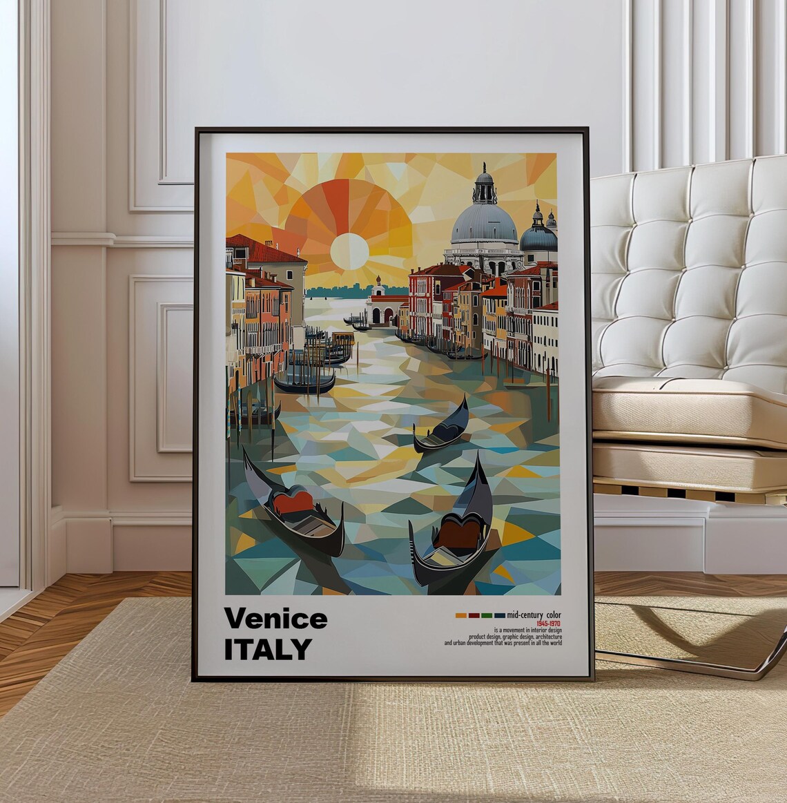 Venice Italy Grand Canal Low Poly Gondolas Mid Century Poster
