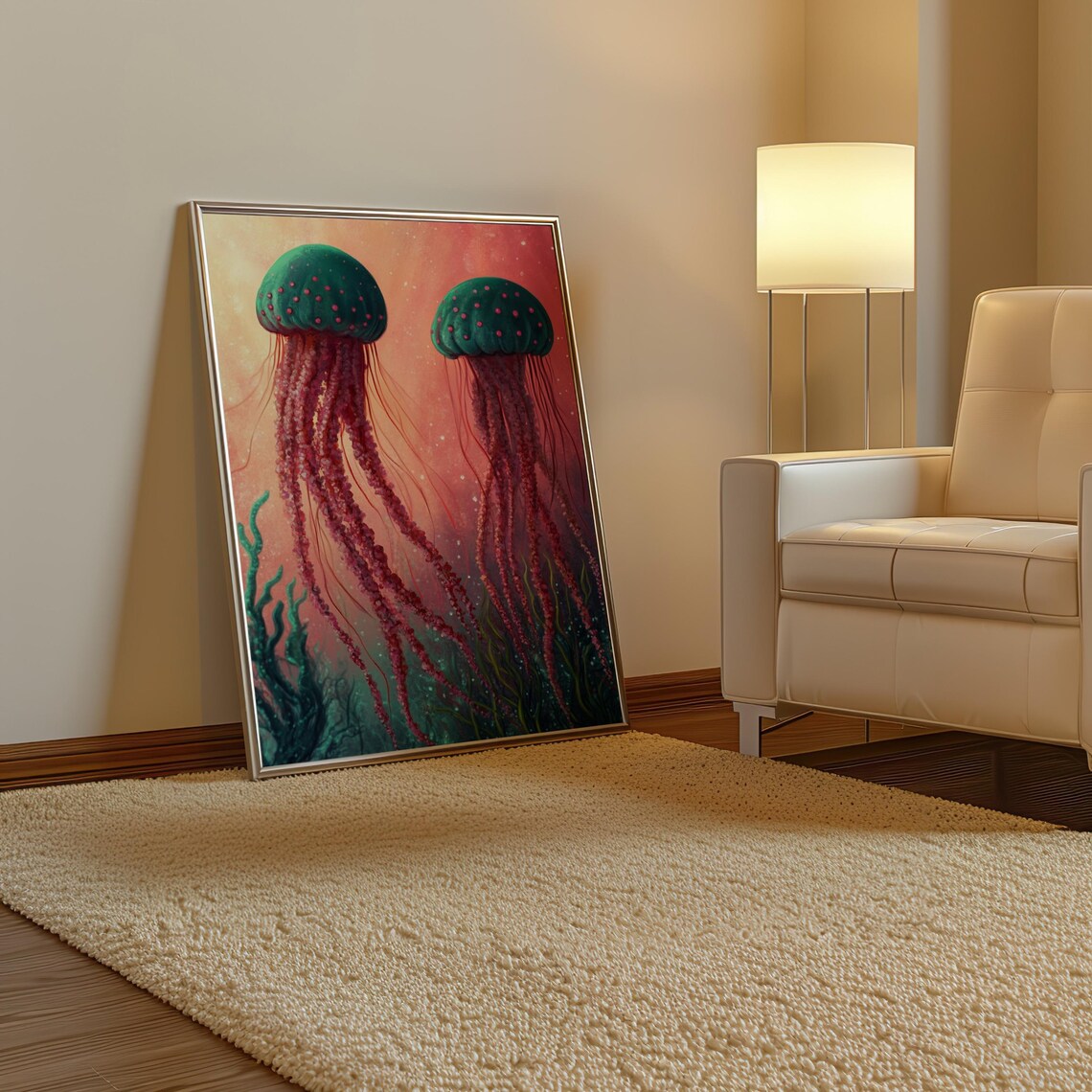 Kusama Inspired Green Jellyfish Magenta Tentacle Pair Poster - Image 3