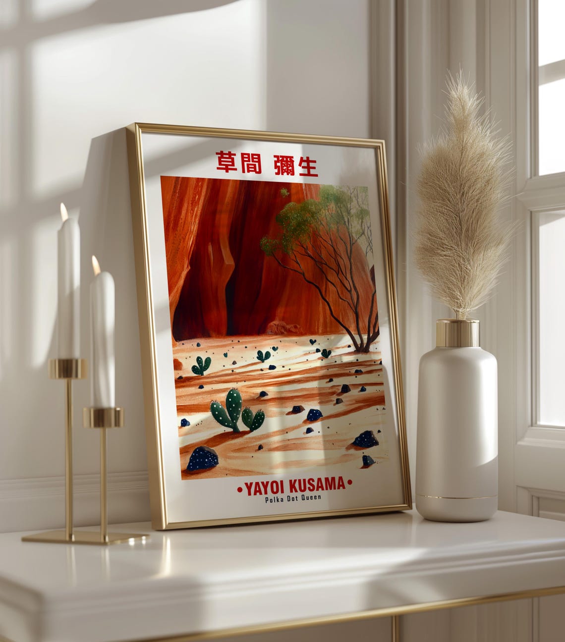 Serene Red Cliff Desert Cactus Dotted Scene Kusama Inspired Poster - Image 3