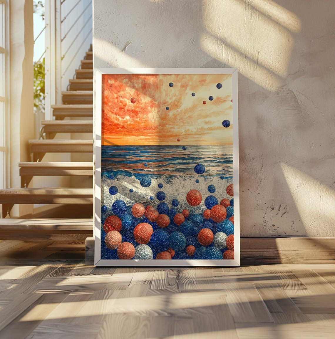 Dreamy Red and Blue Dotted Spheres on Beach at Sunset Art Poster