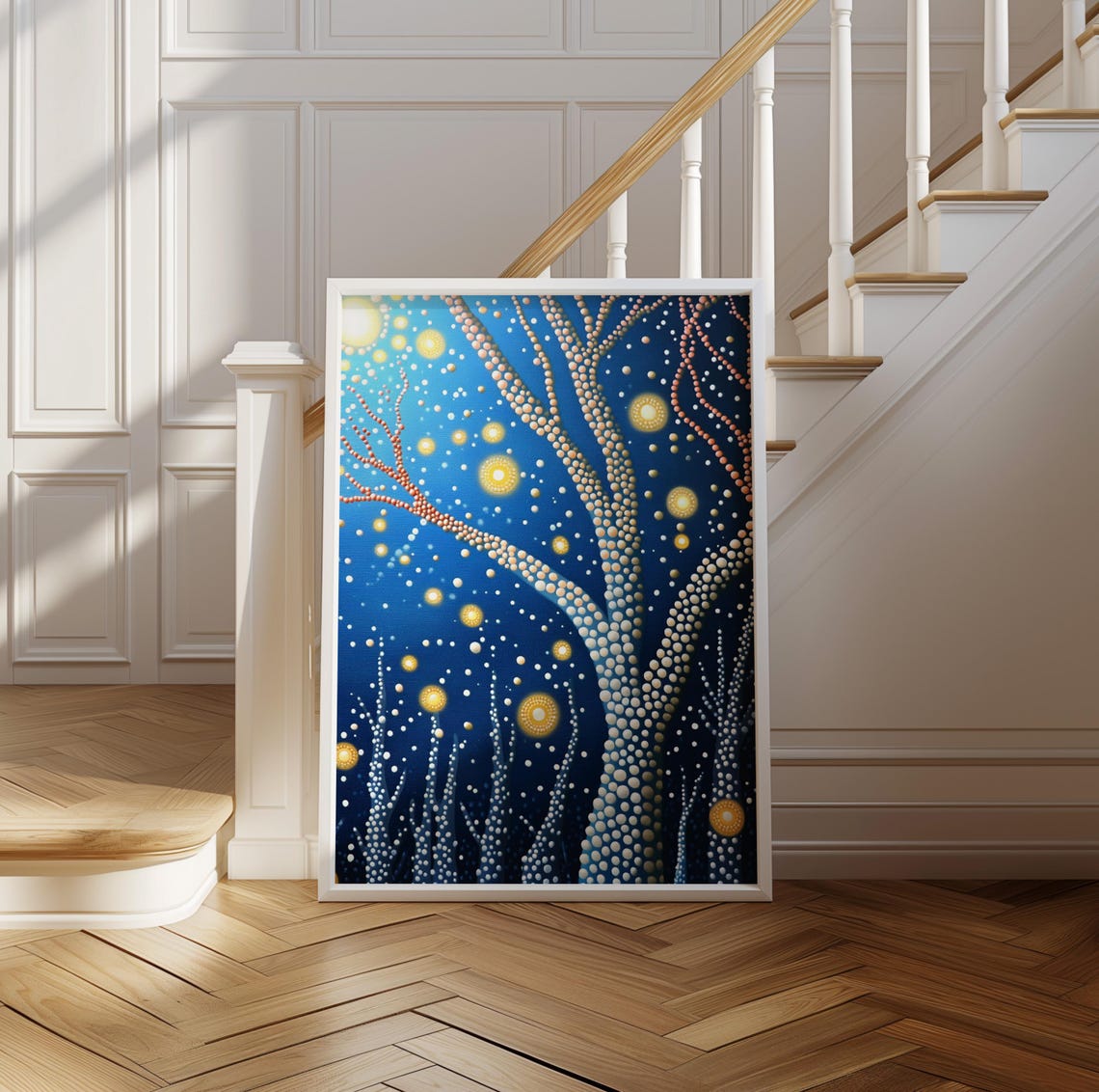 Golden Dot Tree Under Starry Blue Night Sky Kusama Style Poster - Image 3