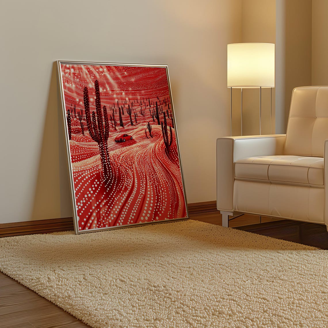 Red Car Crossing Red Dotted Saguaro Desert Kusama Style Poster - Image 3