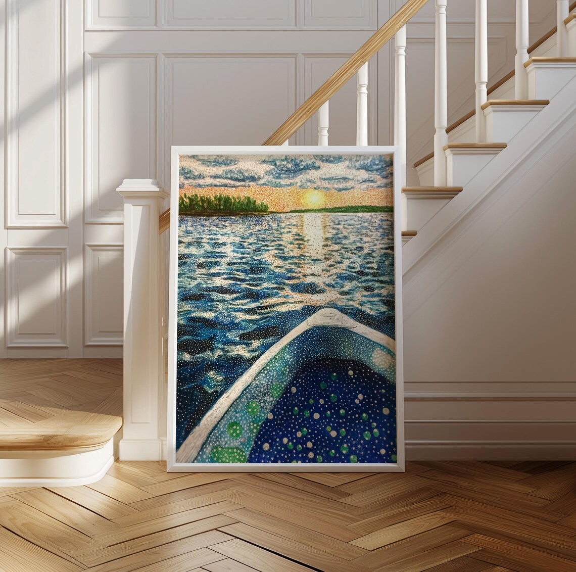 Kusama Inspired Canoe Bow on Dotted Lake Sunrise Morning Poster - Image 2