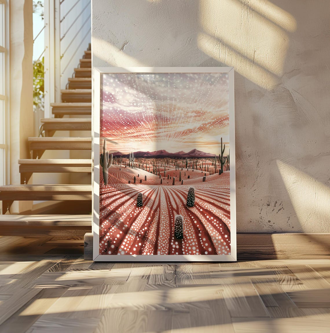 Cactus Desert Sunset Landscape in Red Polka Dot Art Style Poster