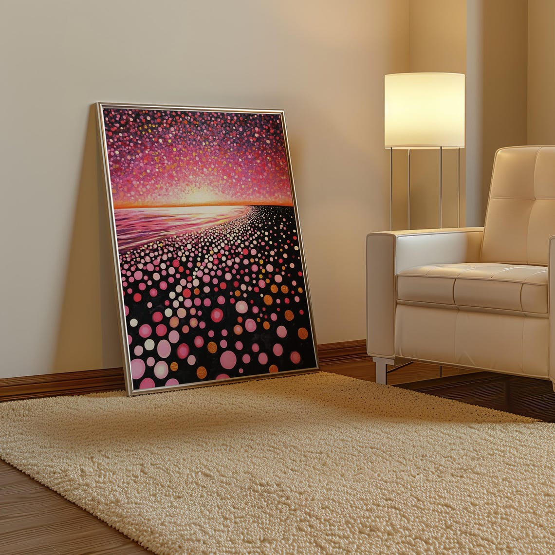 Black Sand Beach with Pink Polka Dot Sunset Kusama Style Poster - Image 3