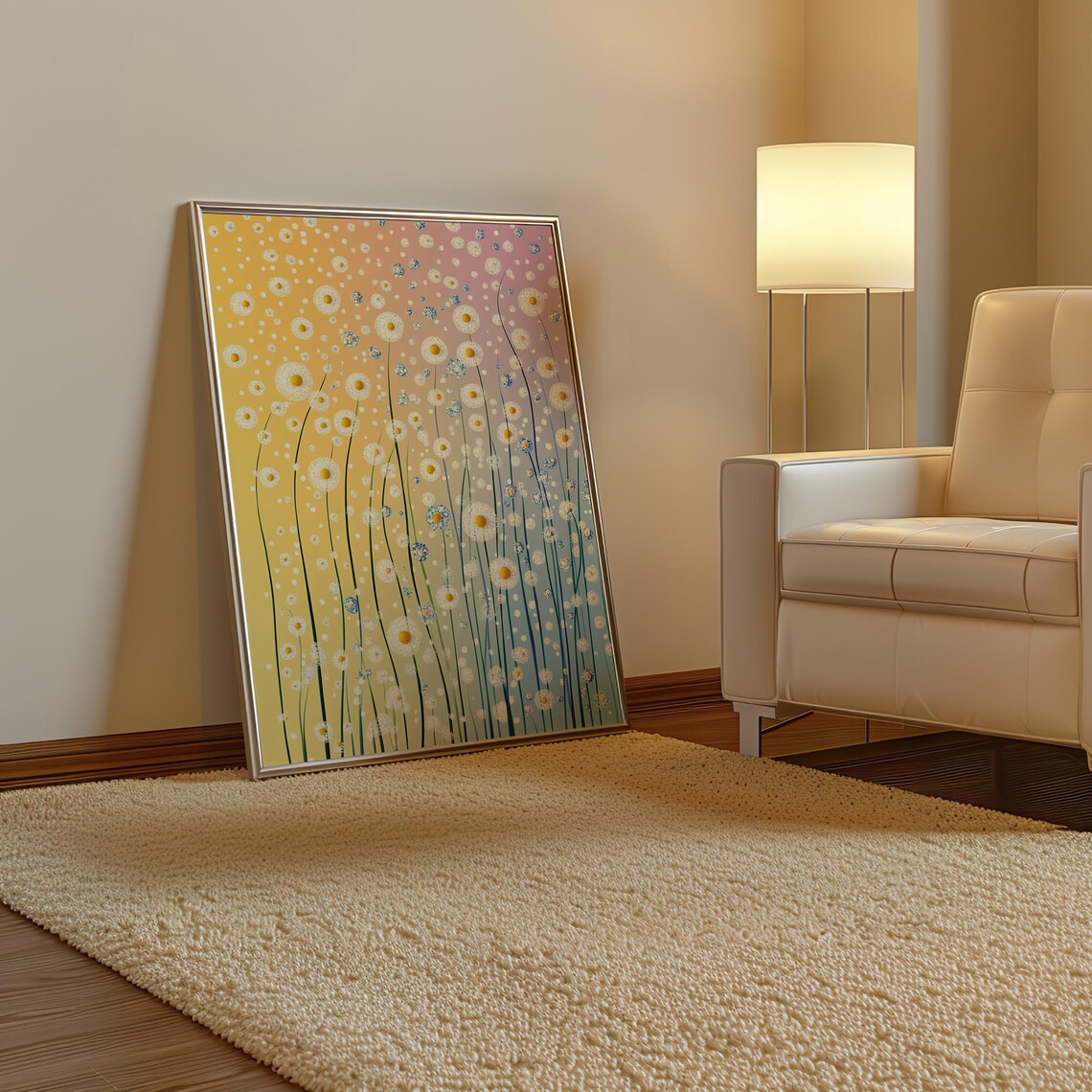 Dreamy White Daisy Meadow on a Yellow Gradient Dot Art Poster - Image 3