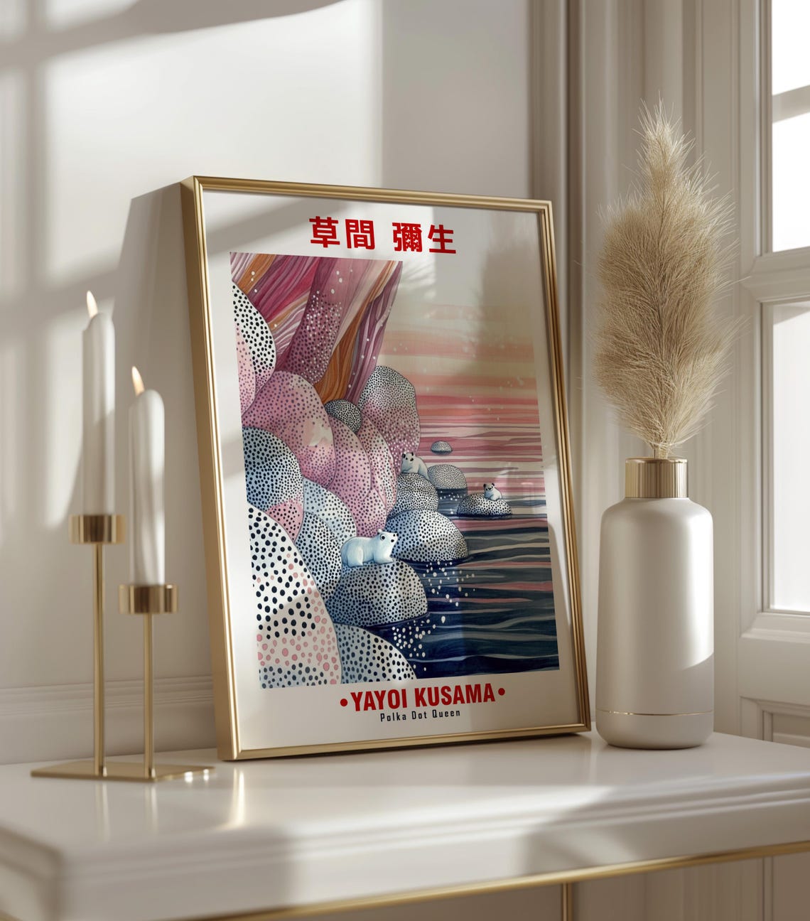 Yayoi Kusama-Inspired Polar Bears on Dotted Rocks Shore Art Poster - Image 3