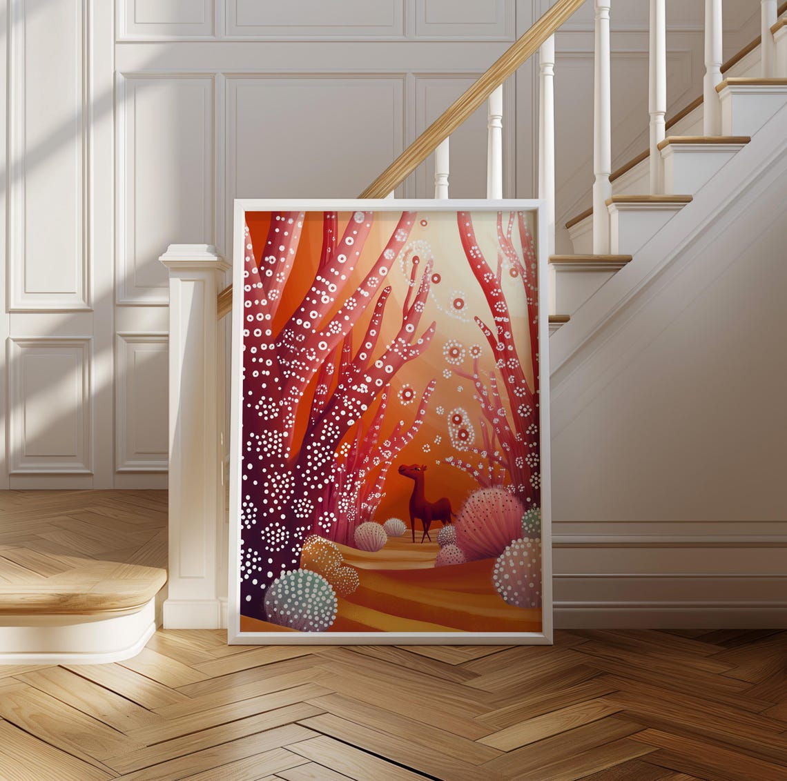 Vivid Red Dotted Forest with Deer Silhouette at Sunset Art Poster - Image 2